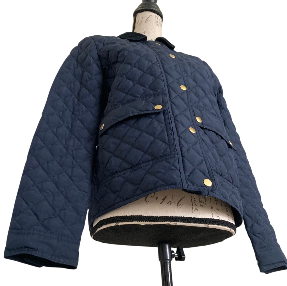 J. Crew Barn Quilted down Jacket Coat size S Navy Blue Corduroy collar Preppy - Picture 9 of 17